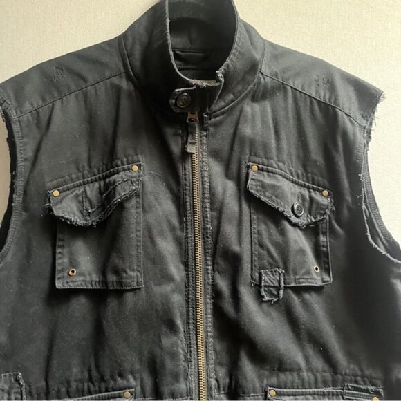 Red Squad fringe distressed black denim cotton vest Sz L - Picture 5 of 13